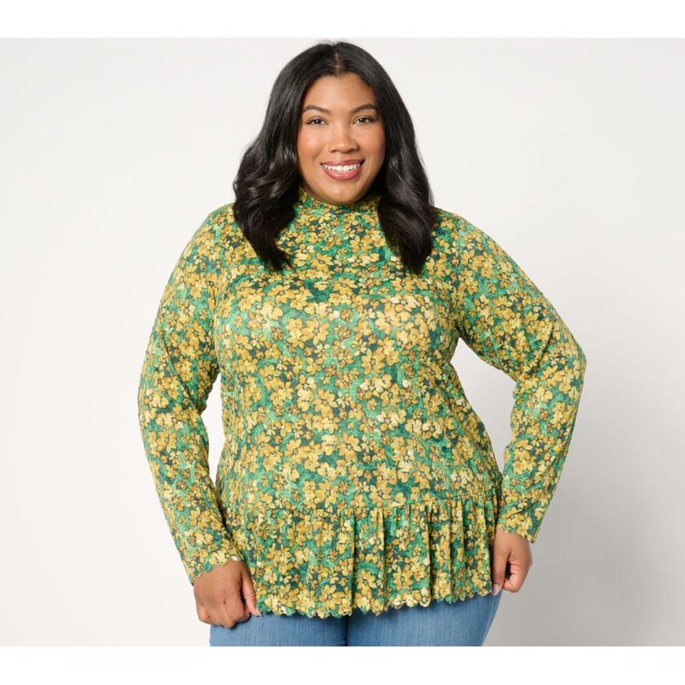 Farmers Defense Women's Top Plus Sz 5X Floral Print Lace Mock Neck Green A659749